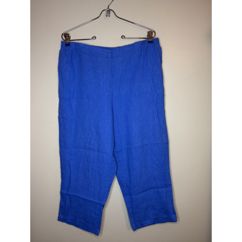 FLAX Royal Blue 100% Linen Cropped Capri Pants Elastic Waist Womens Medium